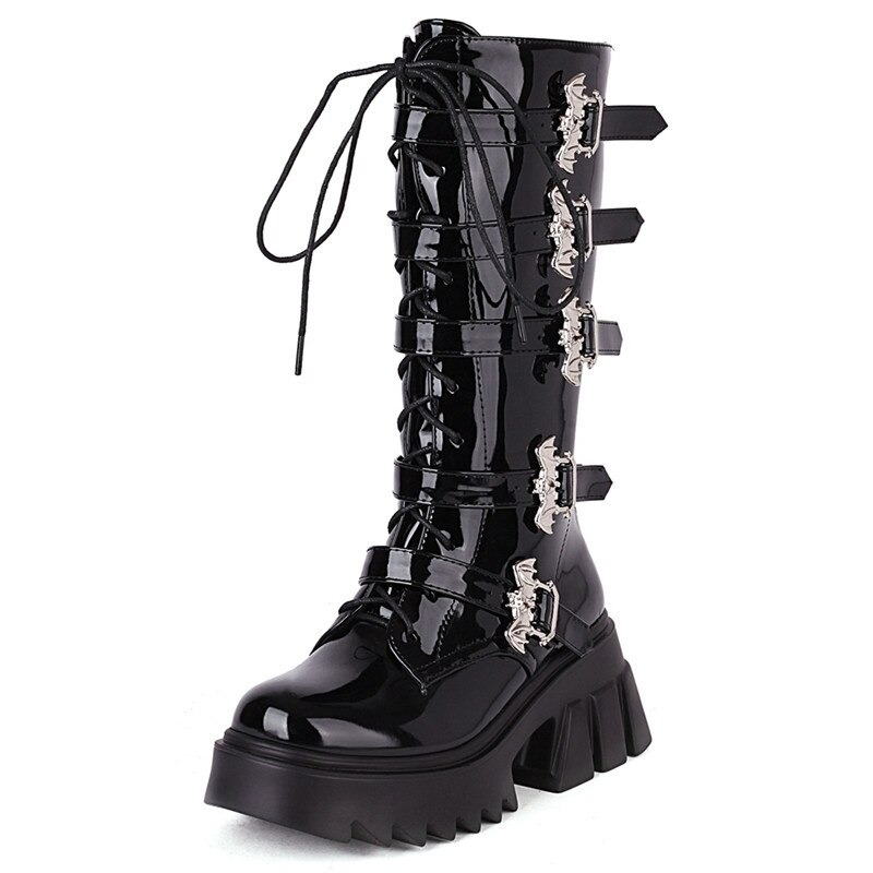 Women's black platform thigh warm boots with bat buckles, stylish punk design in patent leather.