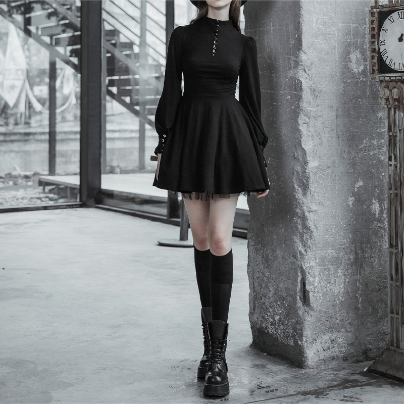 Women's Black Pleated Dress in Gothic Style / Lolita Style Long Sleeve Buttons Dress - HARD'N'HEAVY