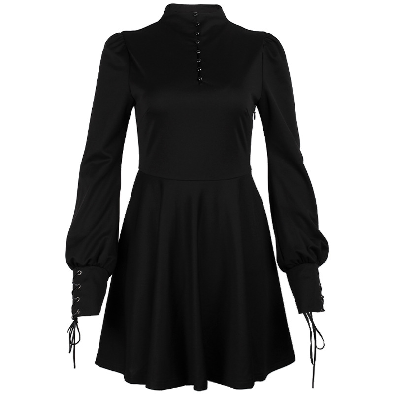 Elegant women's black gothic dress with long lantern sleeves and flared skirt, featuring decorative ties and buttons.