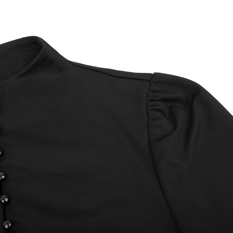 Close-up of women's black gothic dress collar and button details, featuring elegant lantern sleeves.