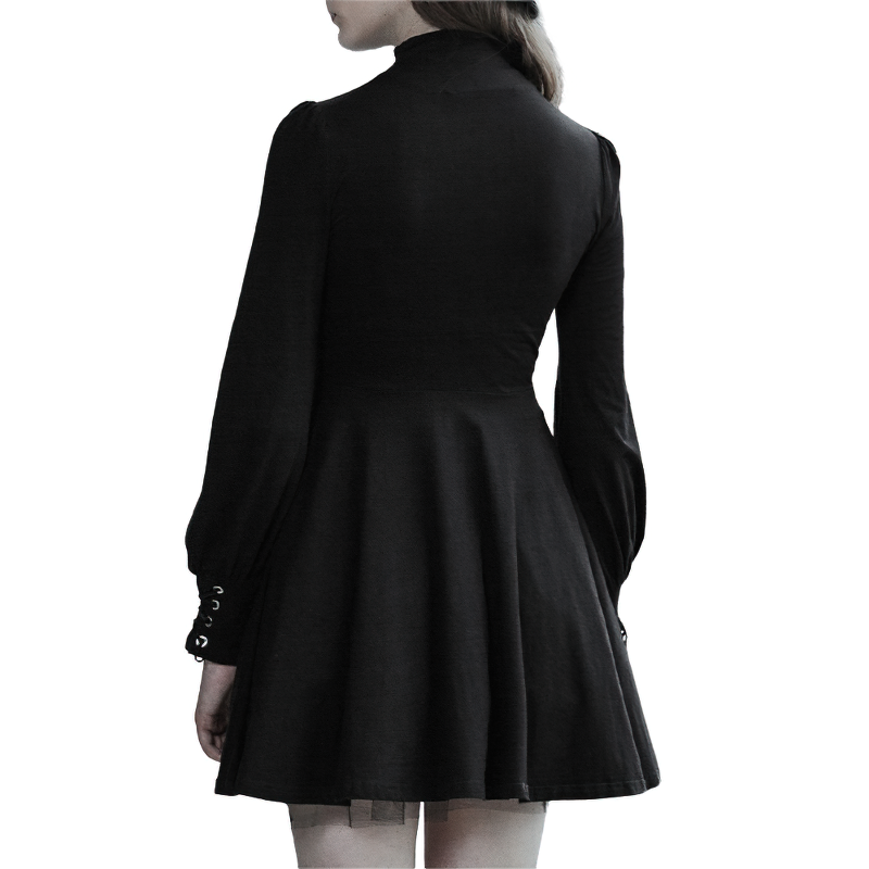 Back view of a women's black pleated gothic dress with lantern sleeves and flared skirt, perfect for Lolita style fashion.