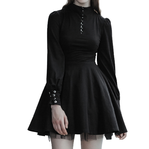 Women's Black Pleated Dress in Gothic Style / Lolita Style Long Sleeve Buttons Dress