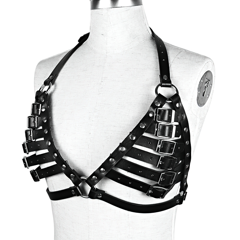 Women's Black PU Leather Erotic Harness Bra / Gothic Chest Garter With Buckles - HARD'N'HEAVY