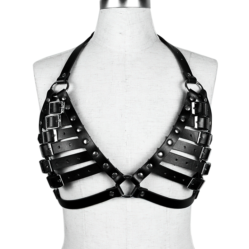 Women's Black PU Leather Erotic Harness Bra / Gothic Chest Garter With Buckles - HARD'N'HEAVY
