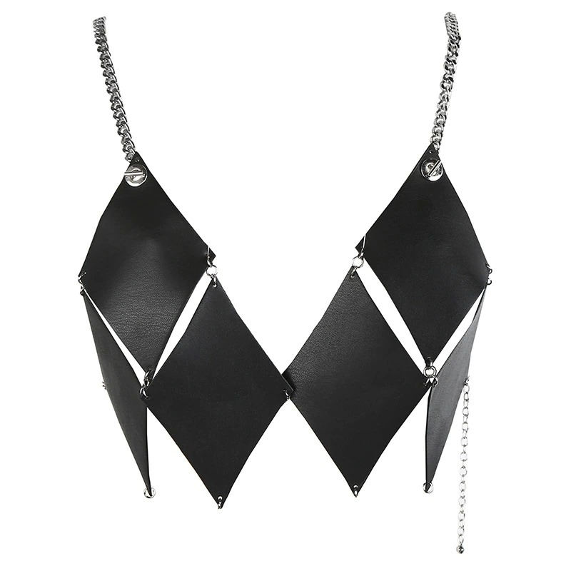Trendy black PU leather bra top with diamond design and chain straps for a bold fashion statement.