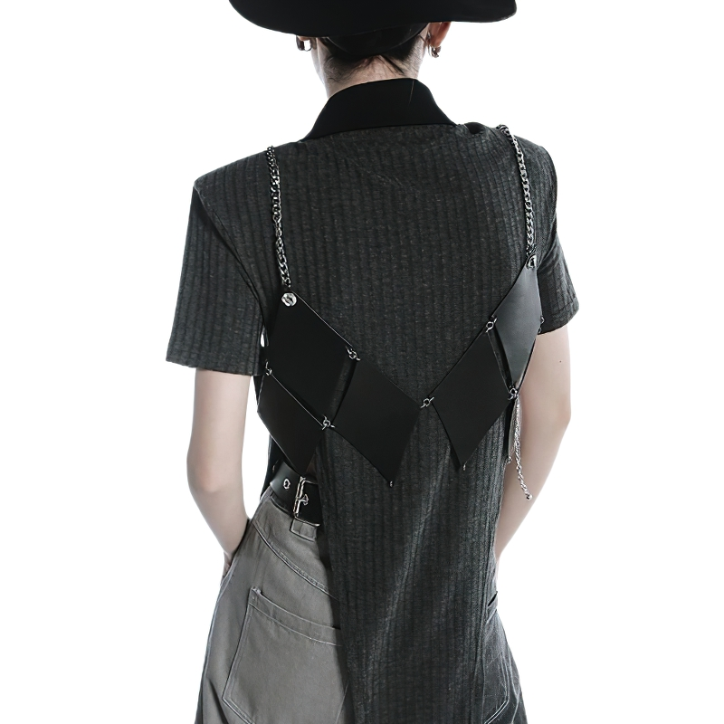 Women's Black Pu Leather Irregular Tank Tops / Fashion V-collar Sleeveless Top - HARD'N'HEAVY