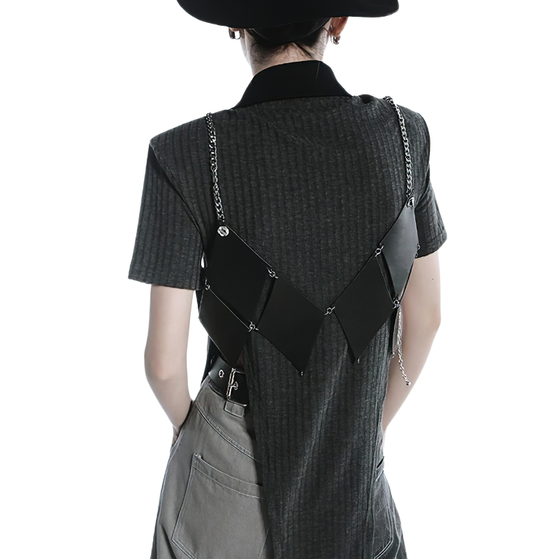 Stylish women's back view showcasing a black PU leather irregular tank top with chain detail, perfect for alternative fashion.