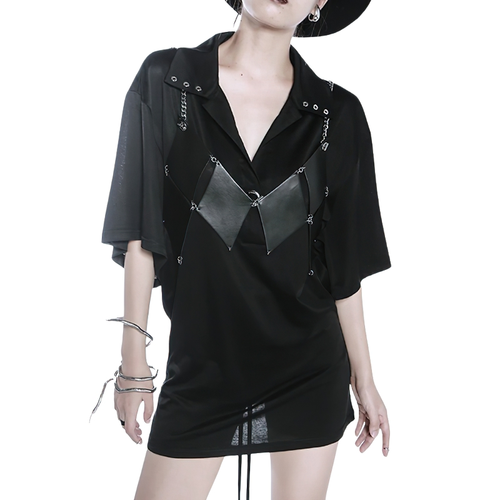 Camisetas sin mangas irregulares de cuero de Pu negro para mujer/Top sin mangas con cuello en V de moda