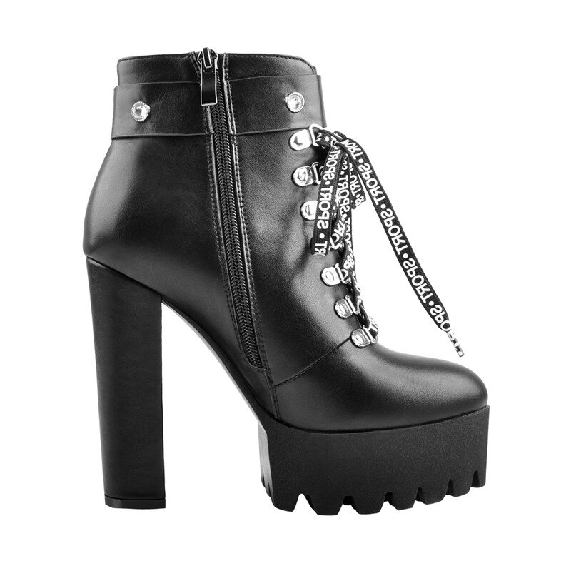 Women's Black PU Leather Round Toe Ankle Boots / Fashion High Heel Boots with Lace Up - HARD'N'HEAVY