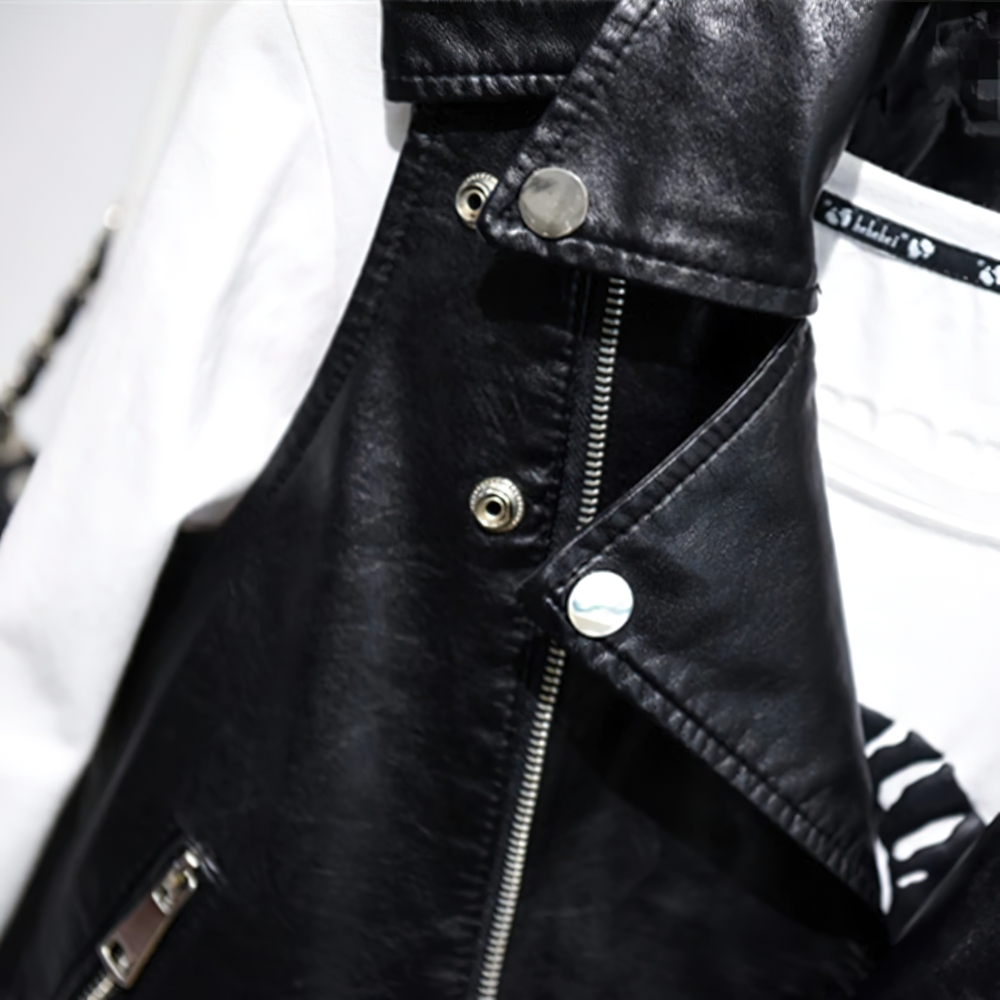 Close-up of a stylish women's black PU leather zipper vest showcasing punk fashion details.