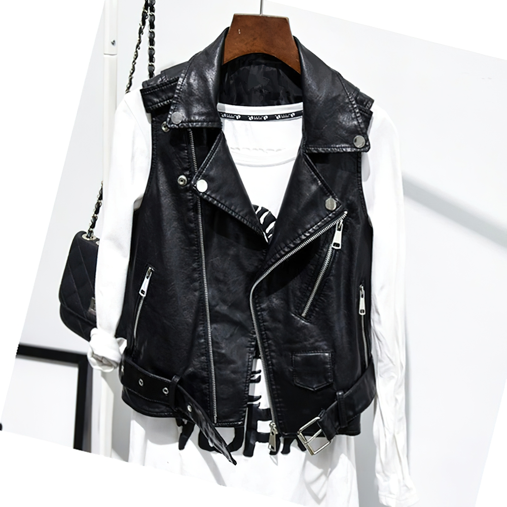 Stylish women's black PU leather zipper vest with turn-down collar, perfect for punk fashion and rock concerts.