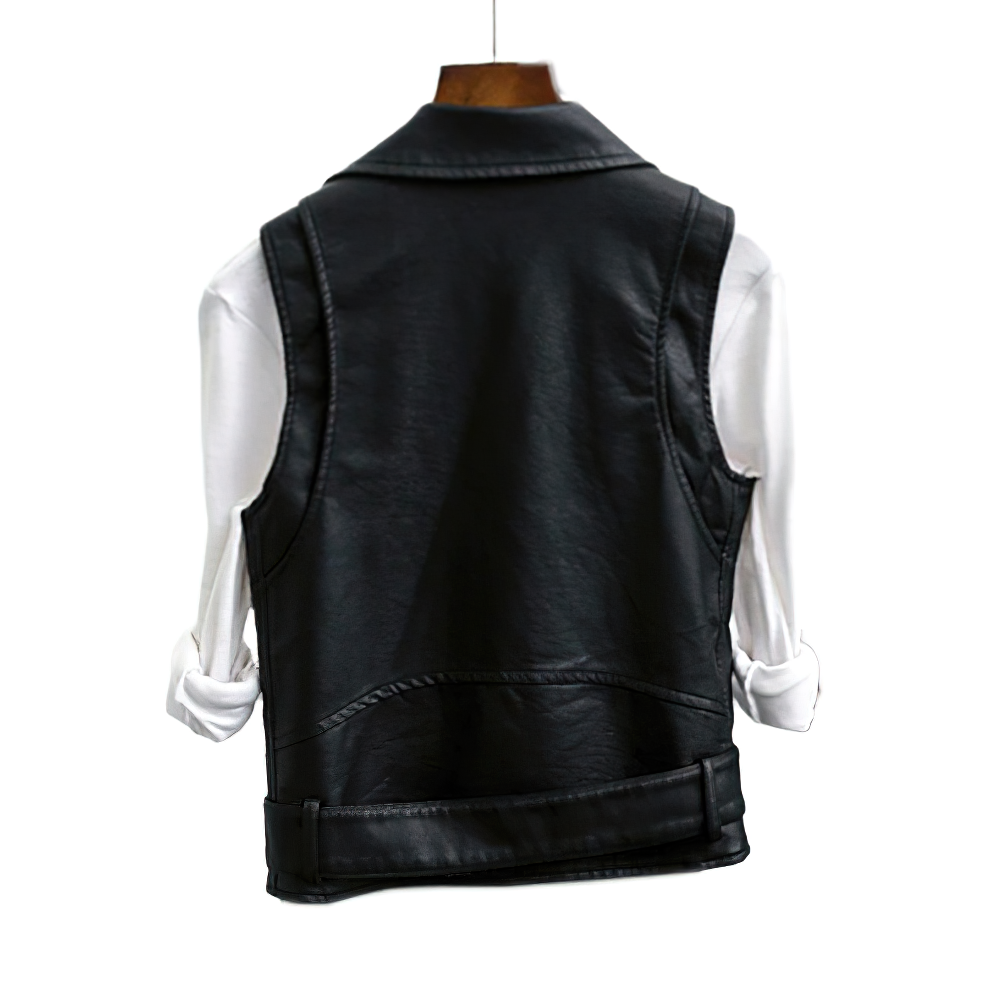 Women's black PU leather zipper vest, stylish punk fashion with turn-down collar for concerts and city outings.