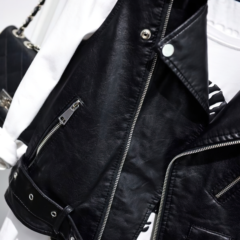 Women's Black PU Leather Zipper Vest / Fashion Female Short Slim Vests in Punk Style - HARD'N'HEAVY