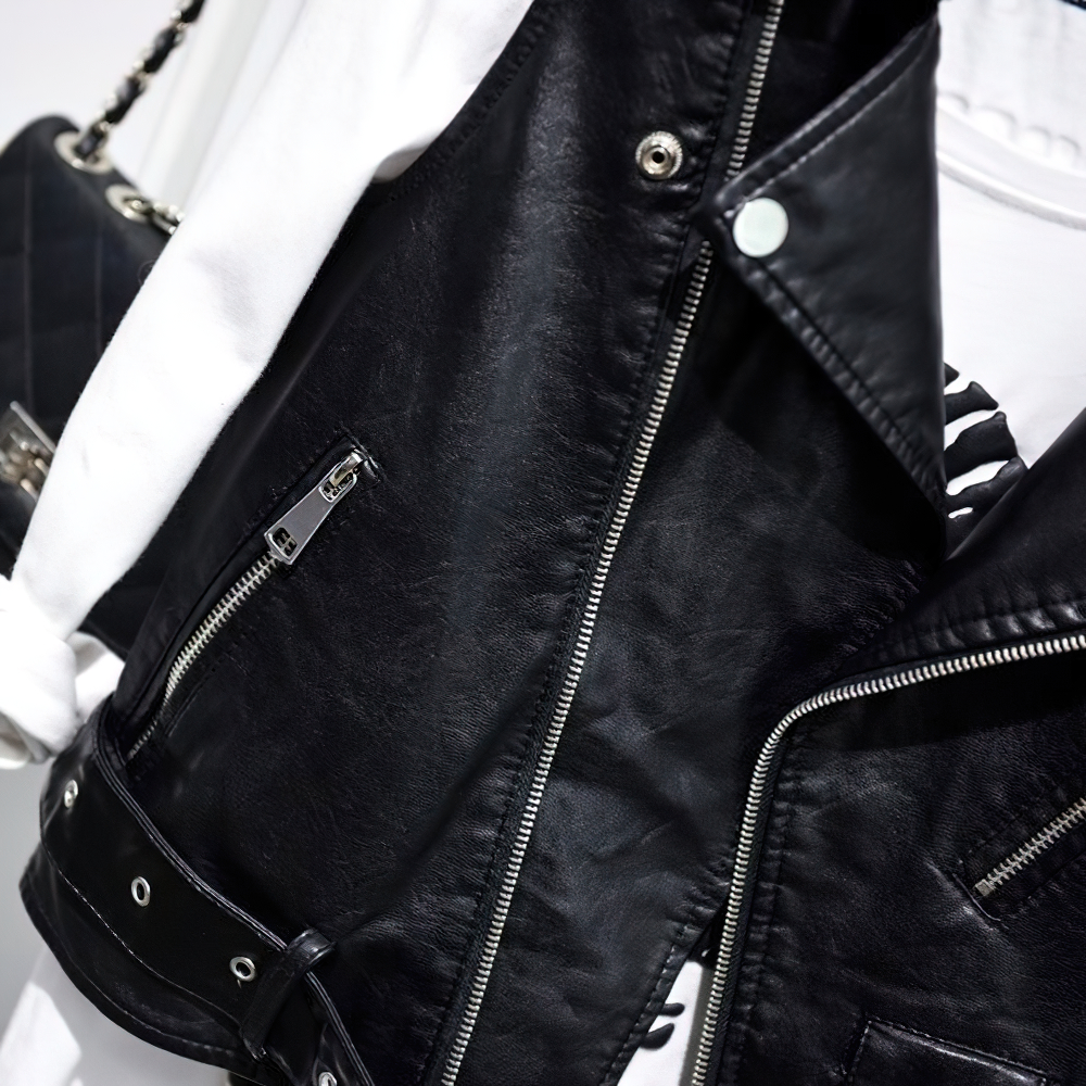 Close-up of a women's black PU leather zipper vest, perfect for punk style fashion and outdoor adventures.