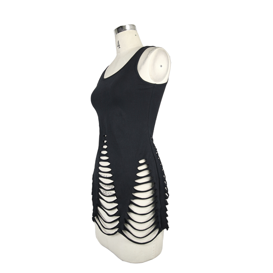 Women's black gothic tank top with ripped details and rings at the back, perfect for a trendy look.