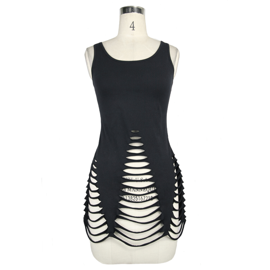 Stylish women's black ripped tank top with bold cut-outs, perfect for a gothic-inspired look.