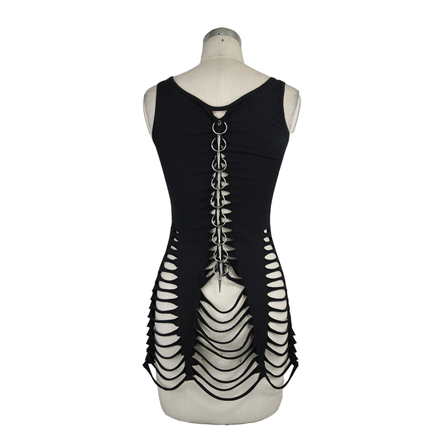 Back view of a women's black ripped tank top with rings, showcasing a gothic style and trendy design.
