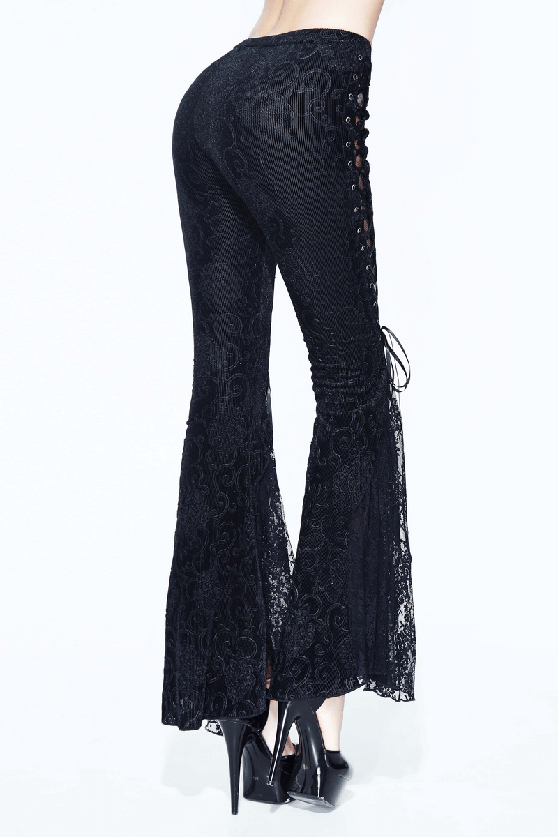 Womens Black Sexy Lace Flare Pants / Lace-Up Vintage Long Pants / Gothic Style Clothing - HARD'N'HEAVY