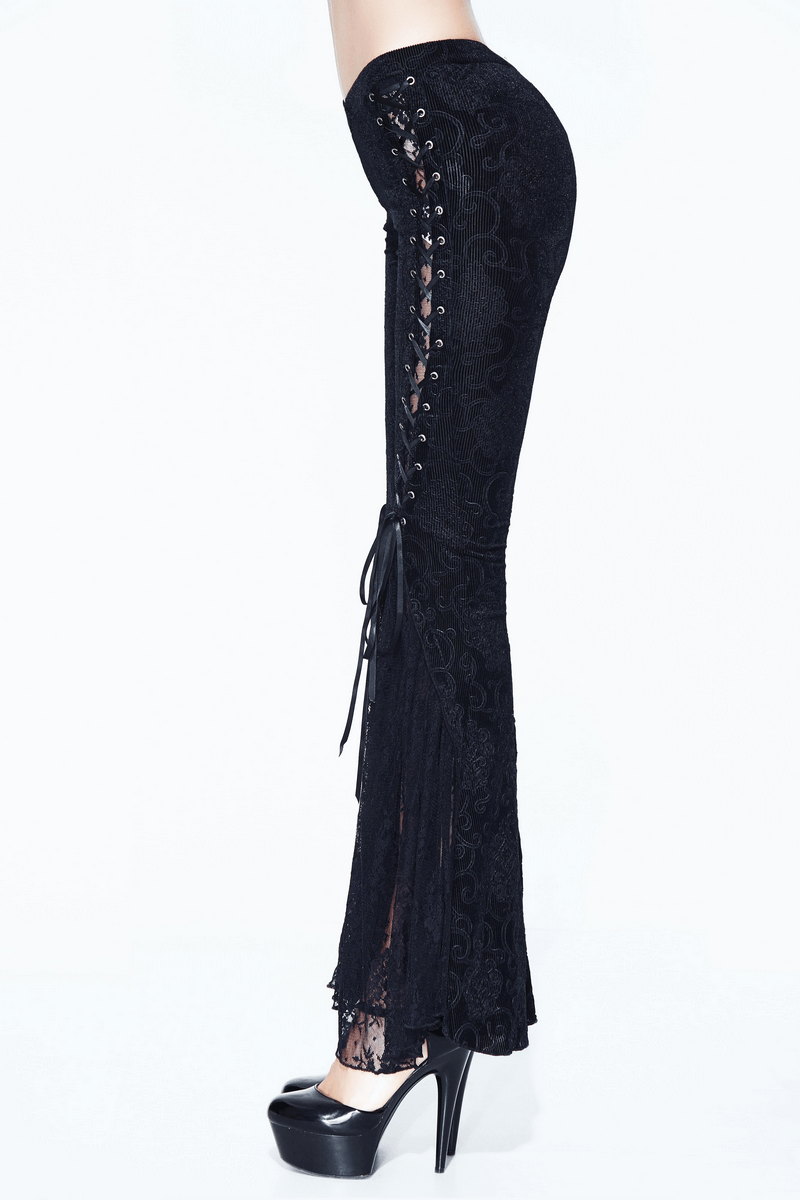 Womens Black Sexy Lace Flare Pants / Lace-Up Vintage Long Pants / Gothic Style Clothing - HARD'N'HEAVY