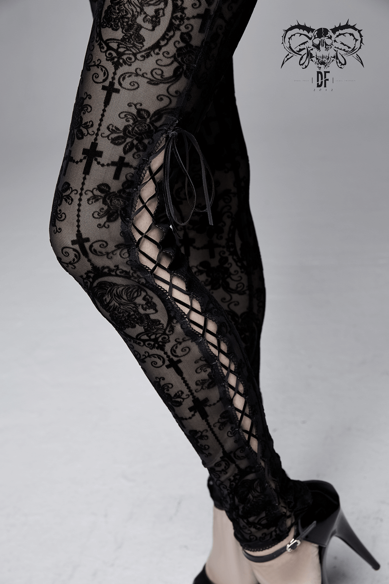Women's Black Transparent Mesh Leggings with Lace Up / Elegant Gothic Leggings with High Waist - HARD'N'HEAVY