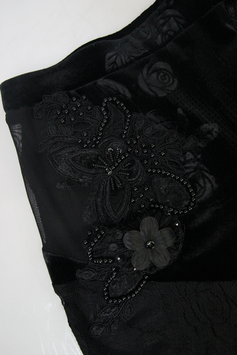 Women's Black Velvet flares Pants With Lace & Embroidery / Elegant Gothic High Elastic Waist Pants - HARD'N'HEAVY