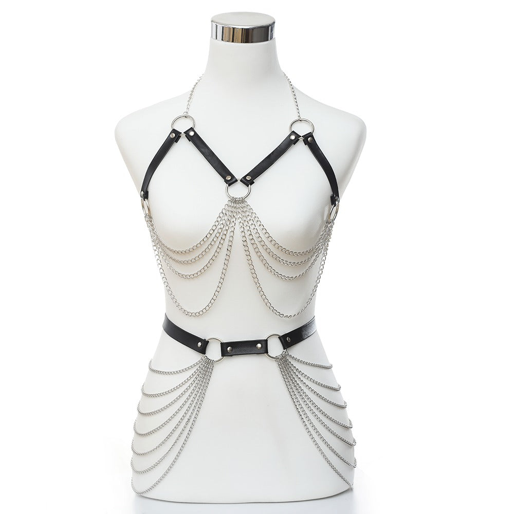 Gothic style women's body bra harness with chain detailing, perfect for alternative fashion.