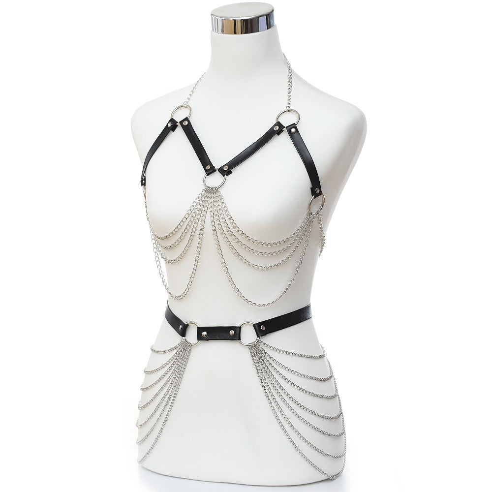 Gothic style women's chest harness with chain and belt, perfect for alternative fashion outfits.