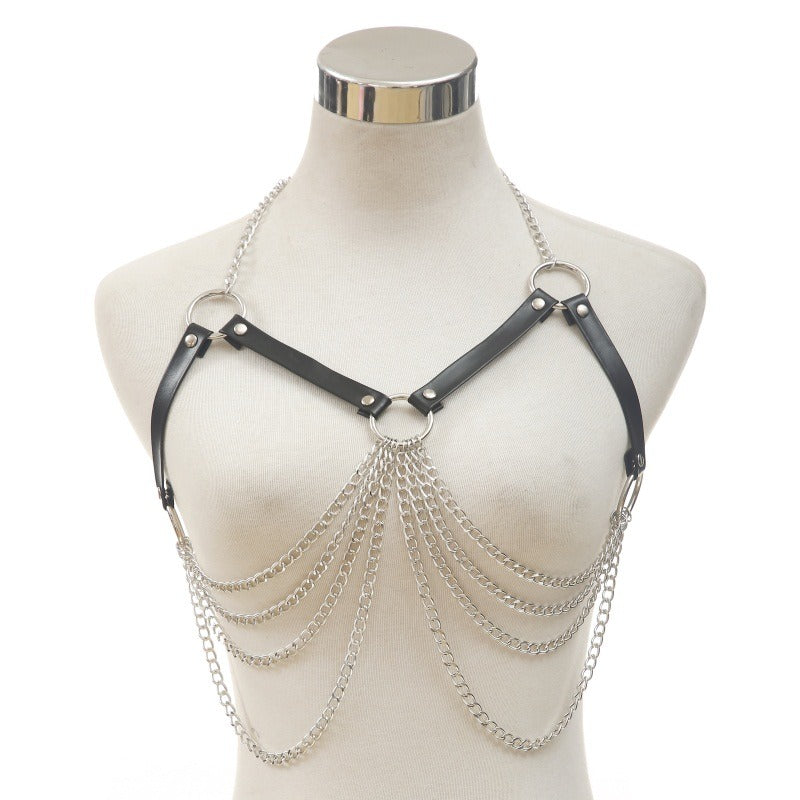 Gothic women's body bra harness with silver chains, perfect for alternative fashion and stylish outfit enhancement.