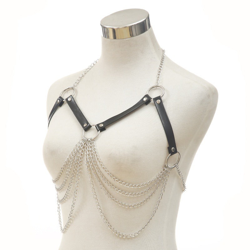 Gothic style women's body bra harness with chain detail, perfect for alternative fashion enthusiasts.