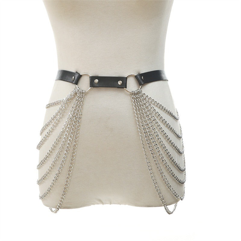 Gothic style women's belt harness with silver chain accents for alternative fashion and unique outfits.