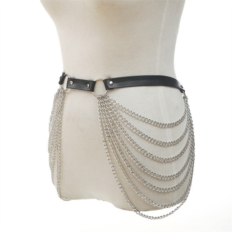 Gothic style women's belt harness with zinc alloy chains for alternative fashion.