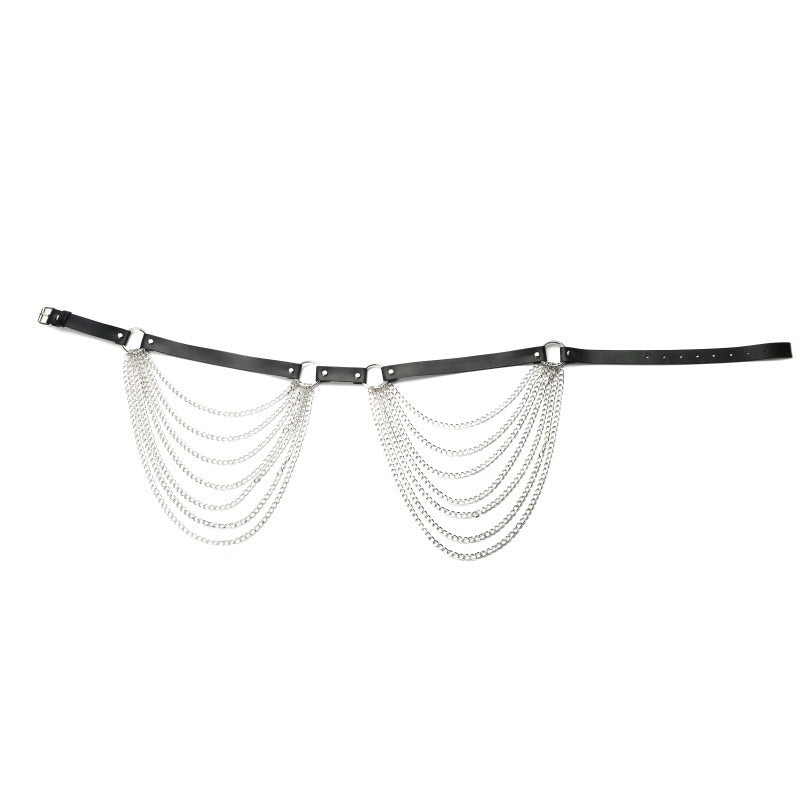 Gothic style women's body bra harness with silver chain accents, perfect for alternative fashion enthusiasts.