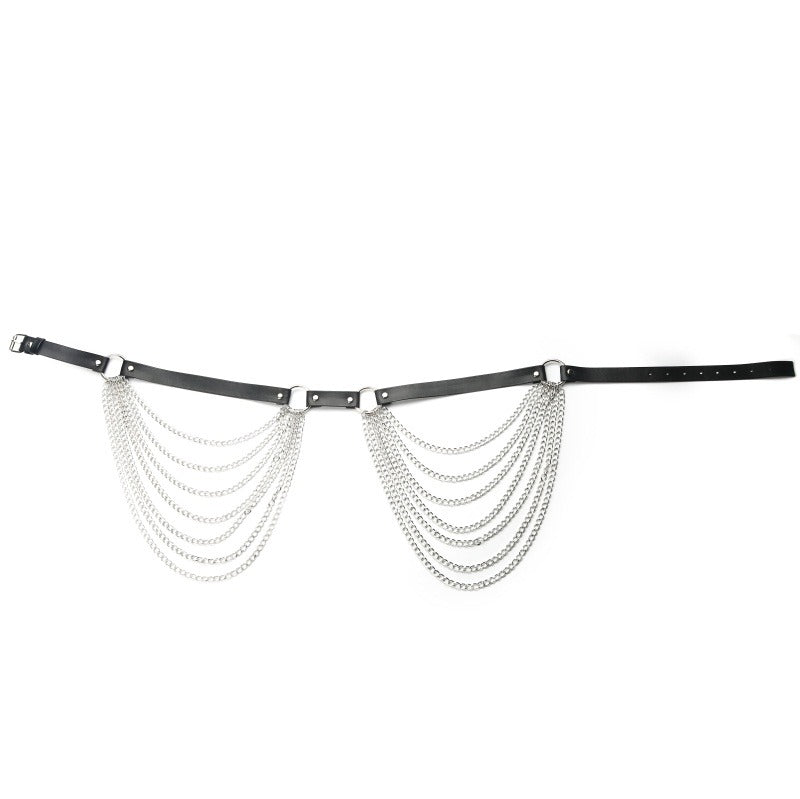 Black leather chest harness with silver chains in a gothic style, perfect for alternative fashion.