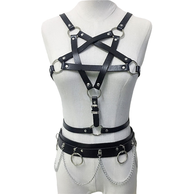 Women's gothic body harness with pentagram design, sexy bra belts, adjustable for cosplay and rock nights.
