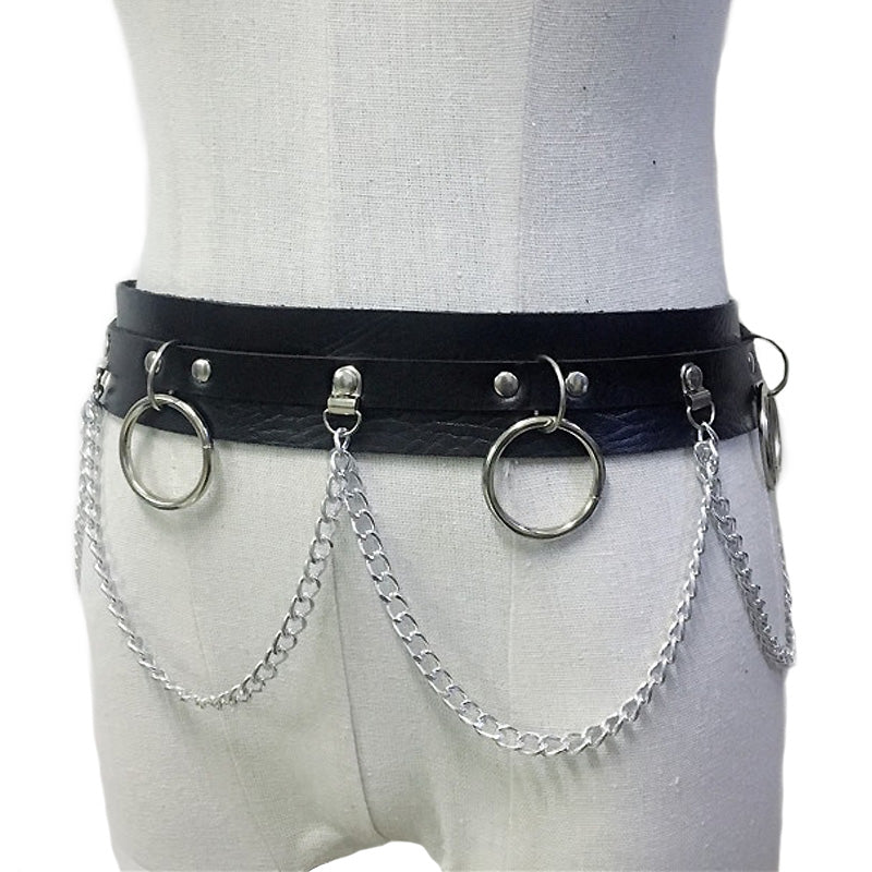 Gothic style women's body harness with chains and rings, perfect for edgy fashion and cosplay outfits.