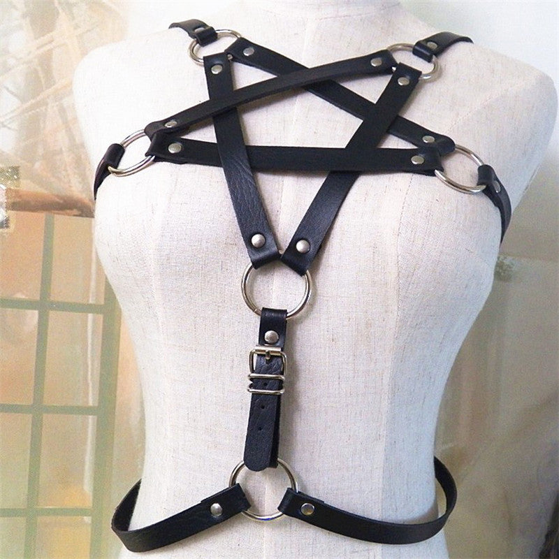 Women's Gothic body harness with pentagram design, stylish black straps for edgy fashion and cosplay.
