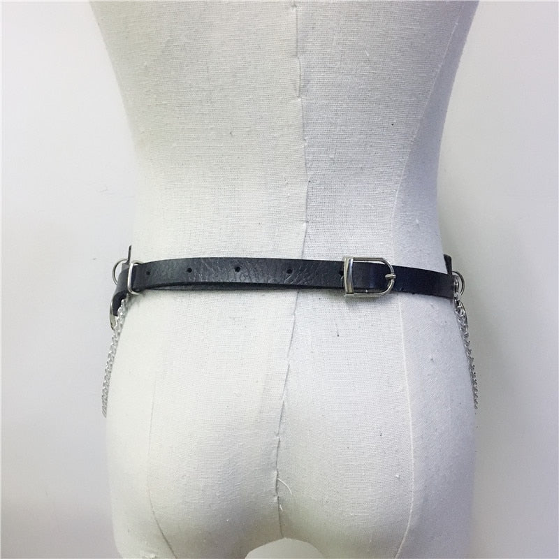 Back view of a women's gothic body harness belt with chains, perfect for adding edgy style to any outfit.