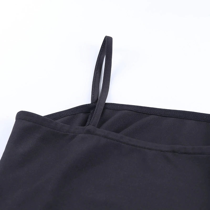 Close-up of the black strap on a women's bodycon mini dress, showcasing gothic style and elegant design.