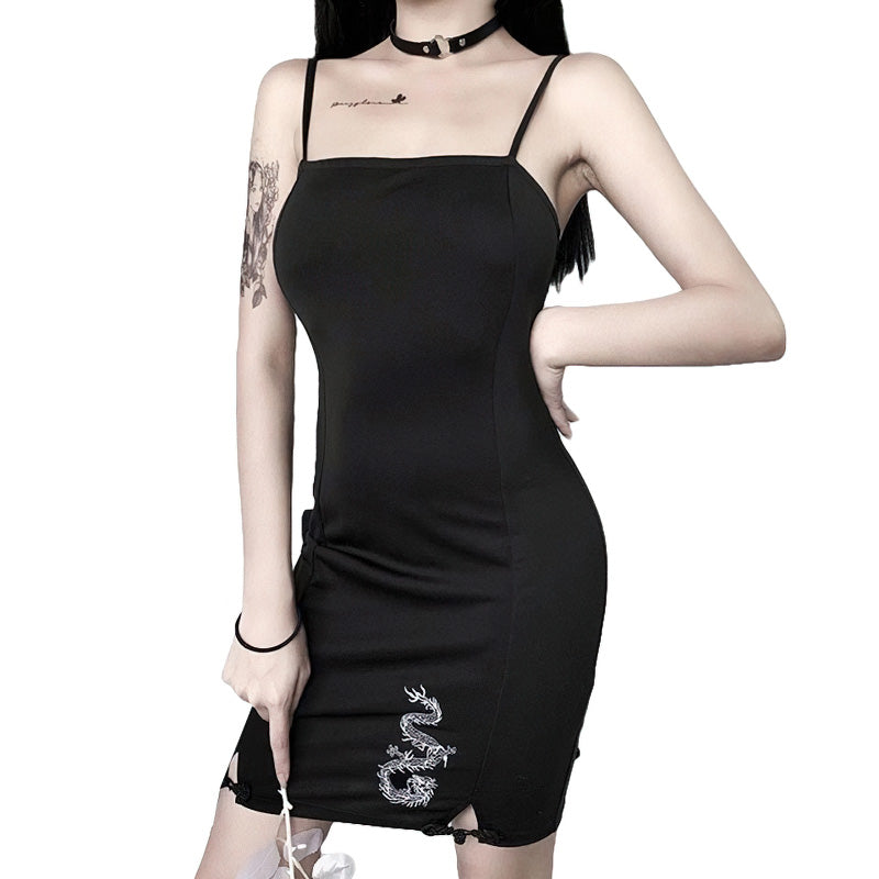 Women's black bodycon mini dress featuring a stylish dragon print, perfect for gothic fashion enthusiasts.