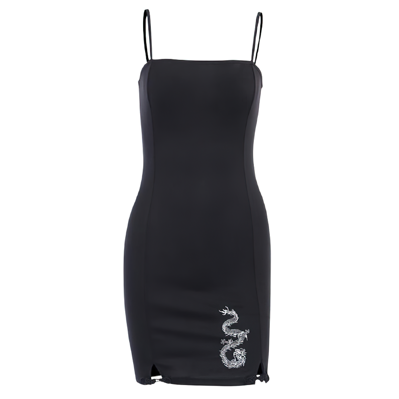 Gothic style women's bodycon mini dress in black with a dragon print for a sexy and elegant look.