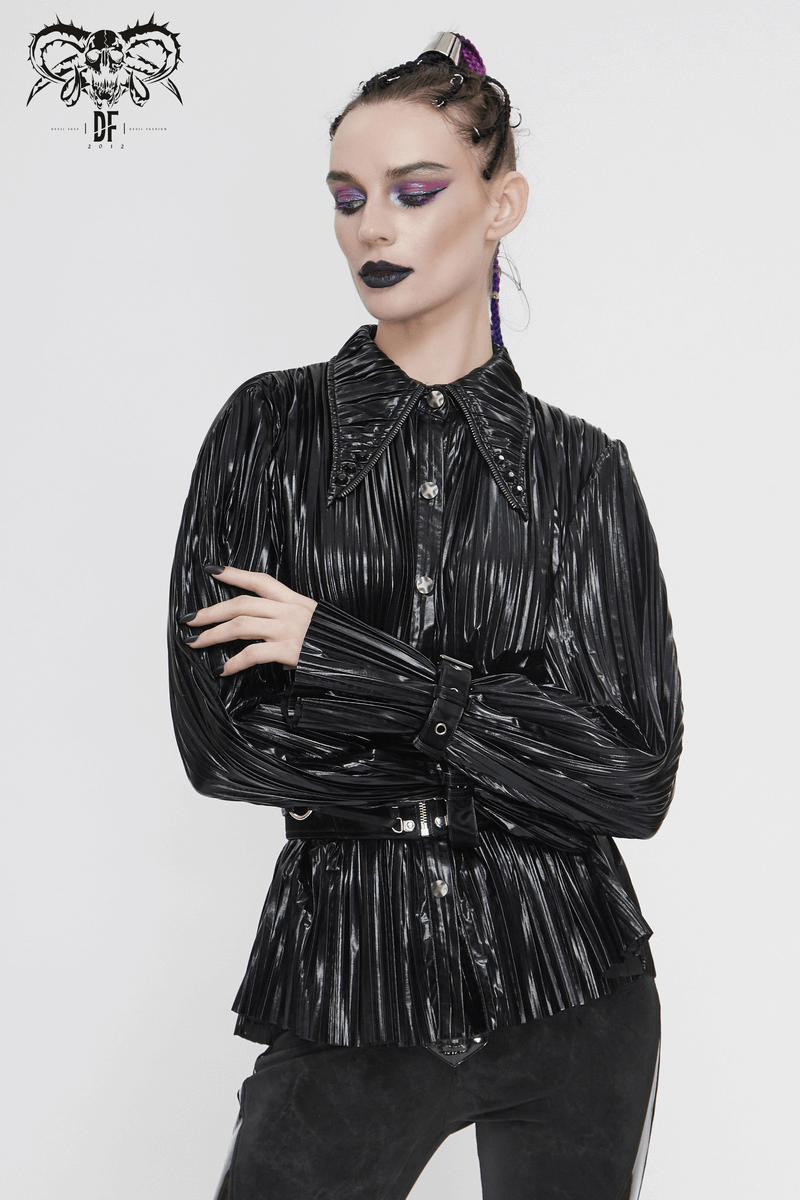 Women's Bright Black Pleated Long Ruffle Sleeved Blouse / Cyberpunk Loose Pointed collar Shirts - HARD'N'HEAVY