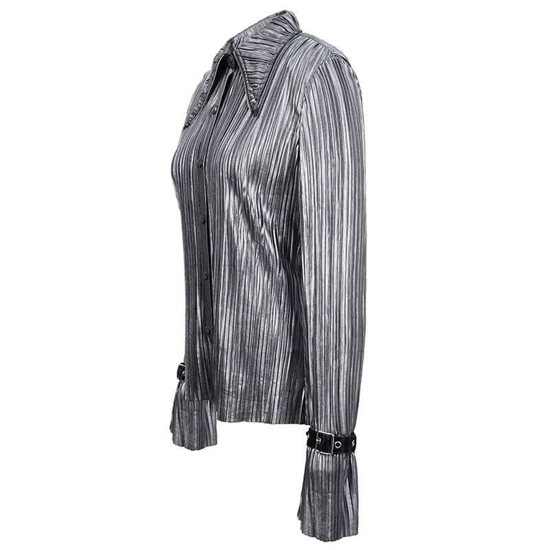Women's Bright Silver Shimmer Long Ruffle Sleeved Blouse / Cyberpunk Loose Pointed Collar Shirts - HARD'N'HEAVY