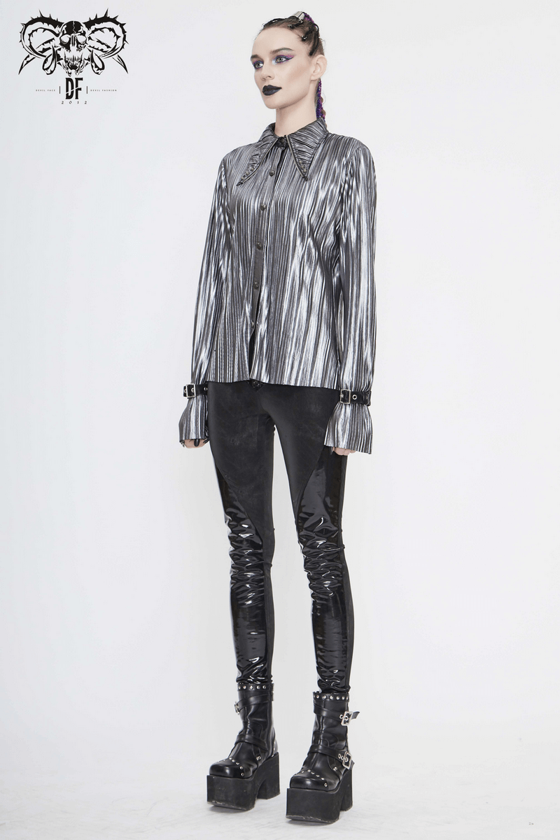 Women's Bright Silver Shimmer Long Ruffle Sleeved Blouse / Cyberpunk Loose Pointed Collar Shirts - HARD'N'HEAVY