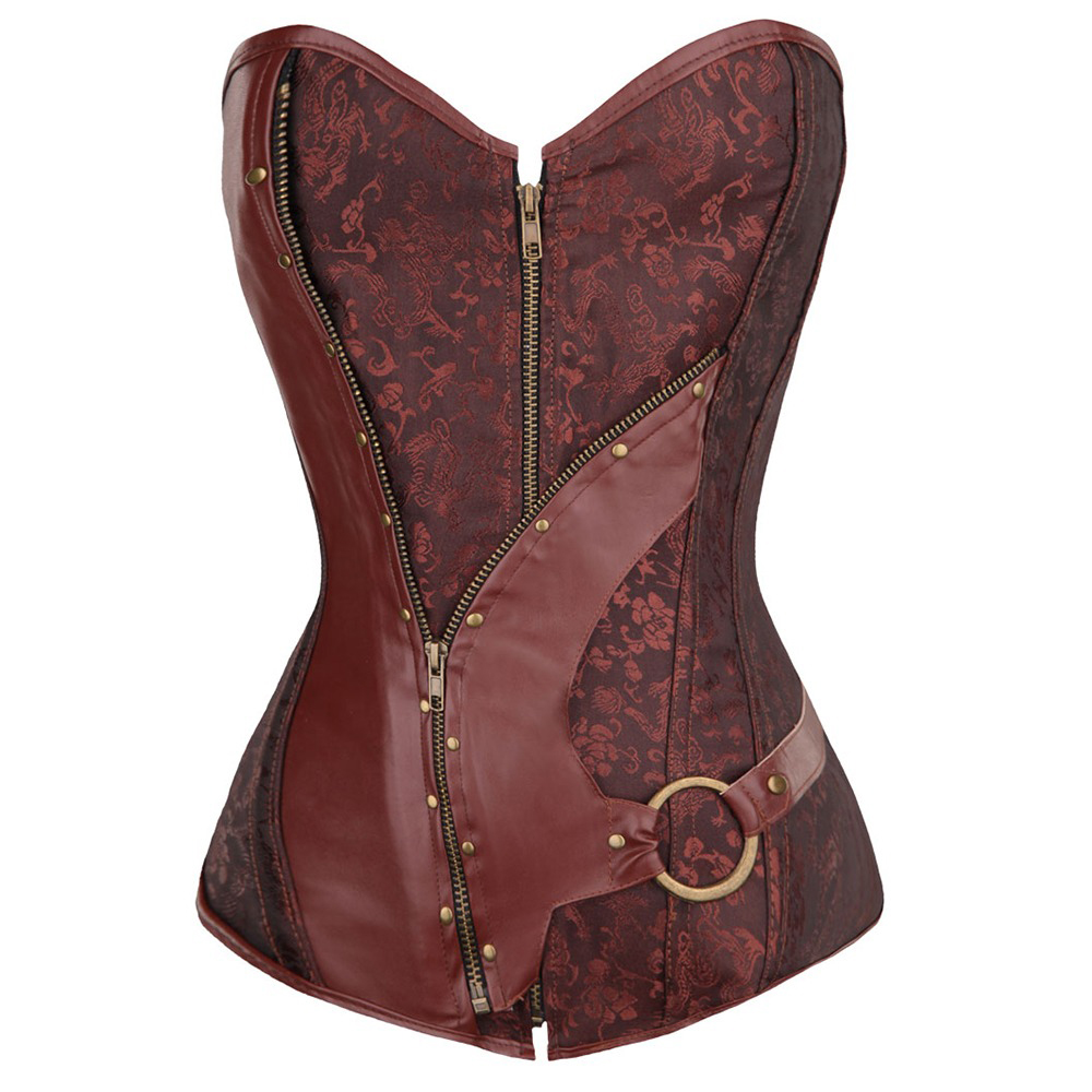 Steampunk style women's brocade overbust corset with zipper, PU leather and metal accents in brown and burgundy.