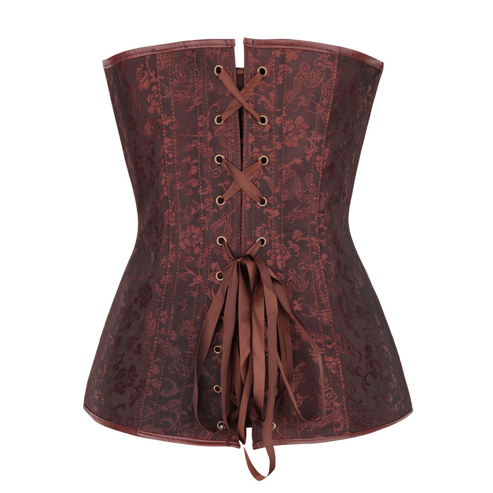 Women's Brocade Overbust Corset With G-String / Steampunk Style Brown Zip-Up Shapewear - HARD'N'HEAVY