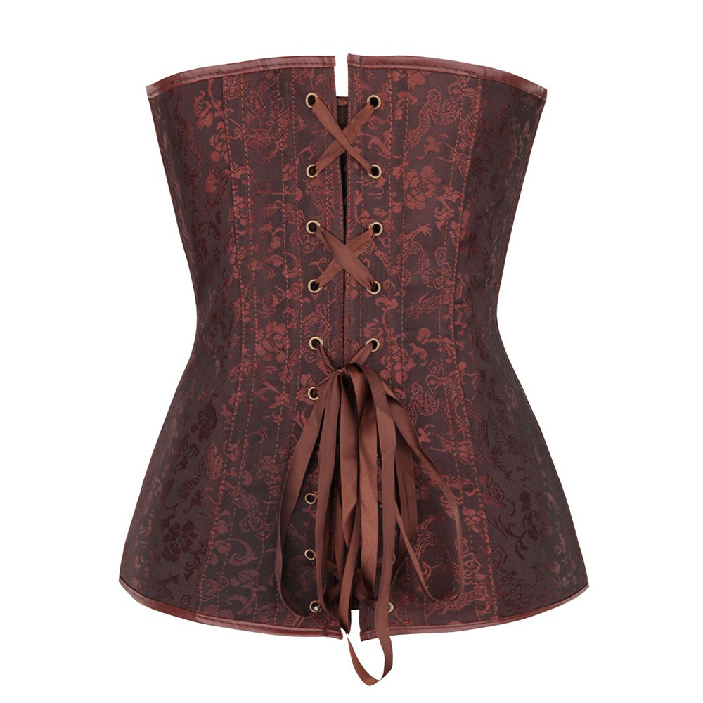 Steampunk style women's brocade overbust corset in brown with lace-up back and zipper closure for secure fit.