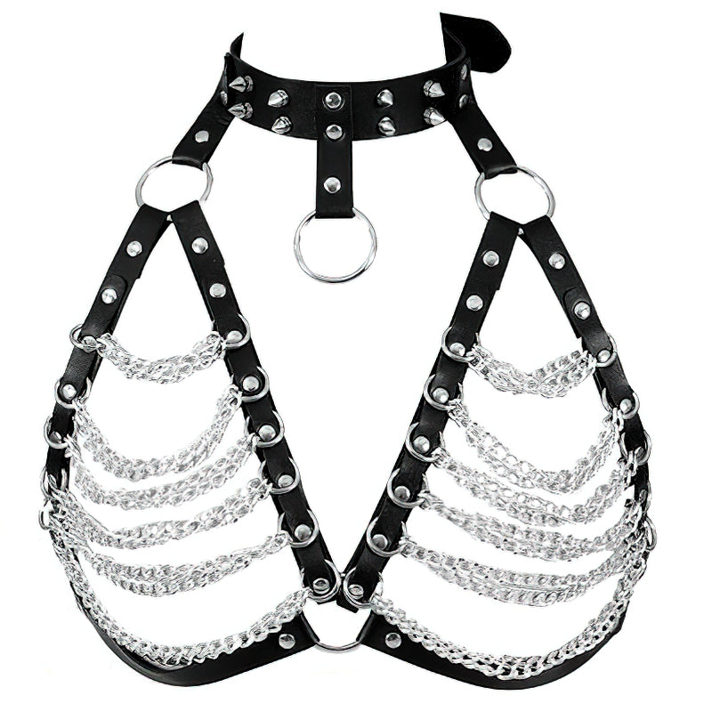 Women's gothic chest harness with PU leather straps and metal chains, perfect for a bold and edgy look.