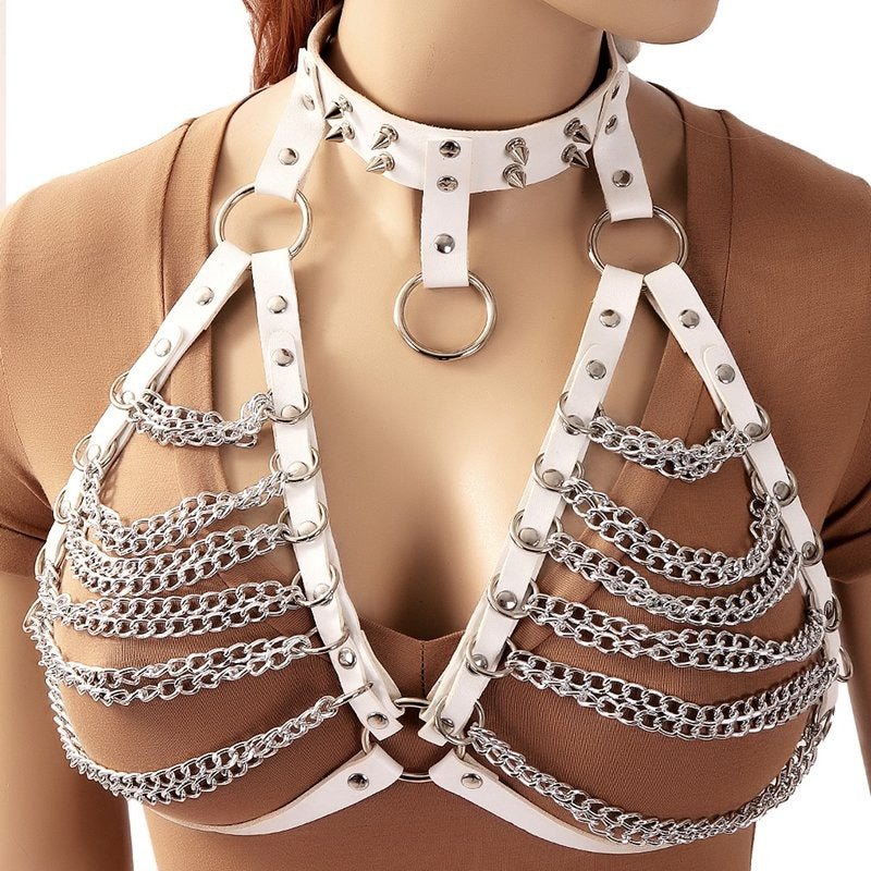 Women's Chest Chain In Gothic Style / PU Leather Body Harness With Metal Spikes In 4 Colors - HARD'N'HEAVY