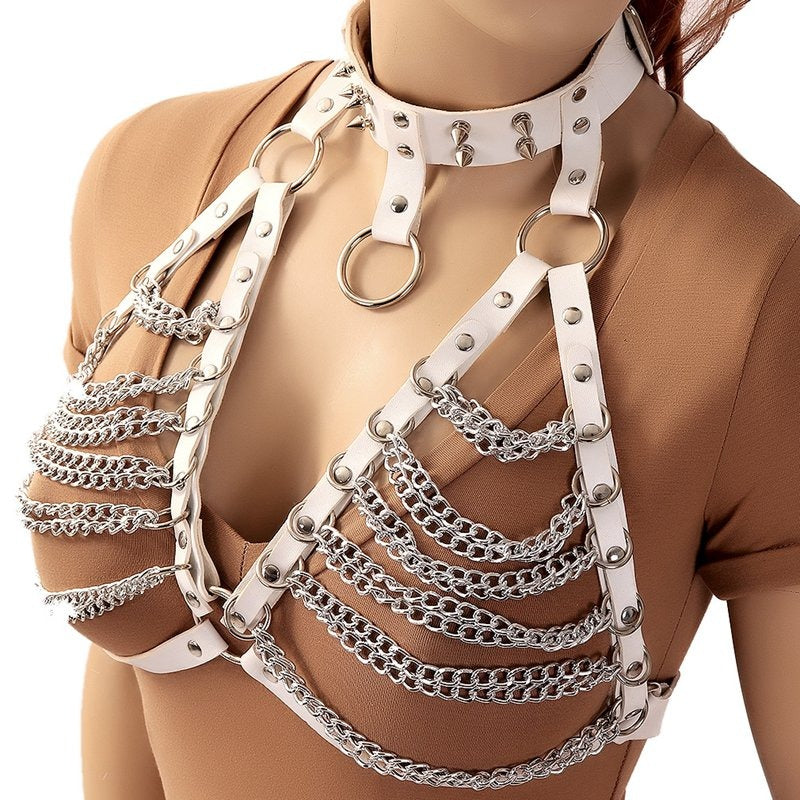 Gothic style women's chest harness with metal chains and spikes in white PU leather, perfect for edgy fashion lovers.