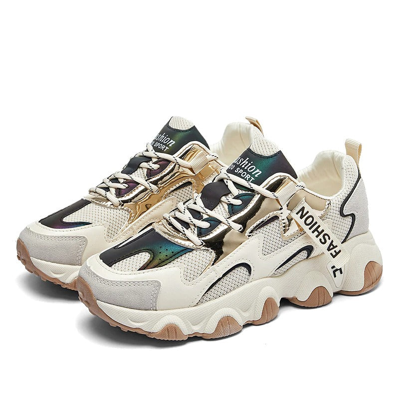 Women's chunky sneakers in cream with breathable mesh, stylish laces, and a 5cm heel for comfort and casual flair.